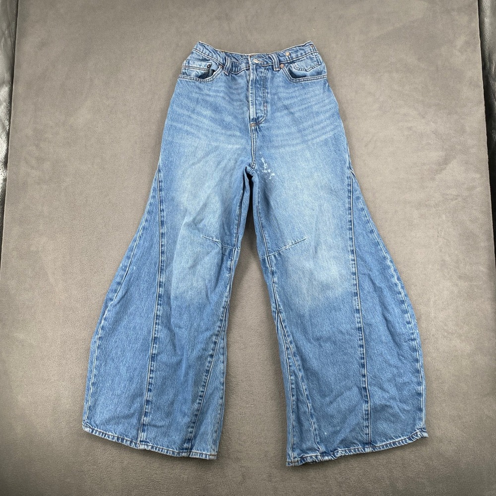 We The Free Free People Eden Slouchy Wide Leg Jeans Blue Denim Seam Detail 31